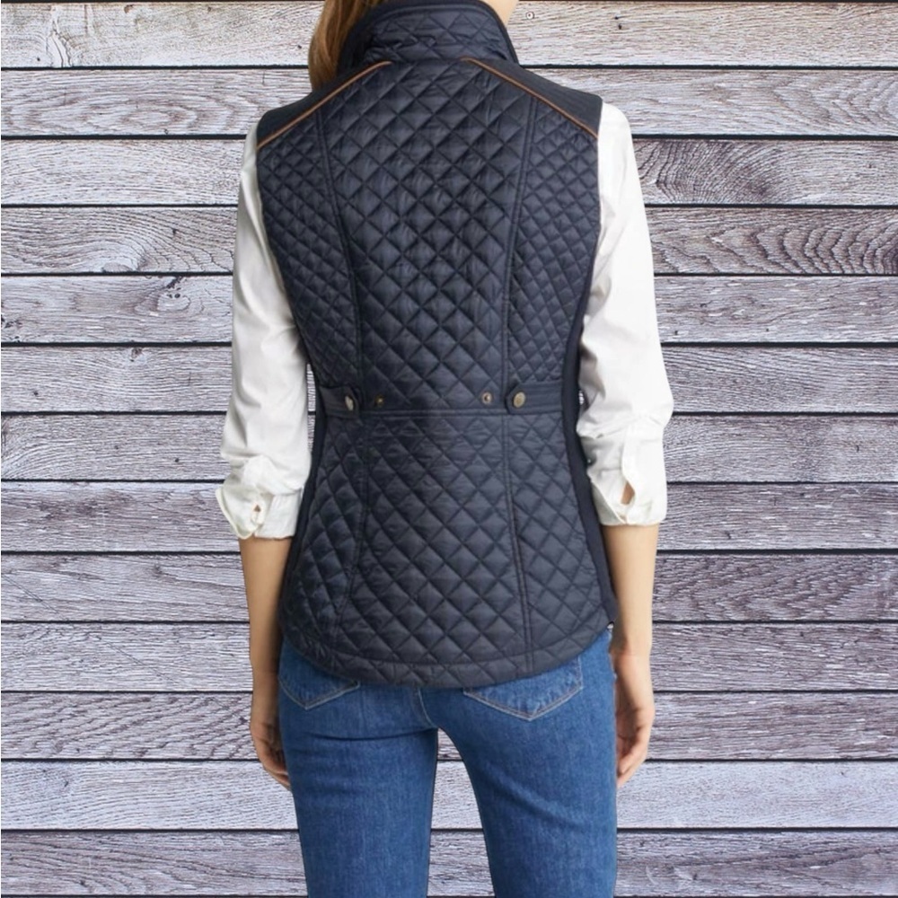🌺JOHNSTON & MURPHY NAVY QUILTED BROWN PIPING TRIM GOLD TONE HARDWARE VEST - Picture 2 of 7